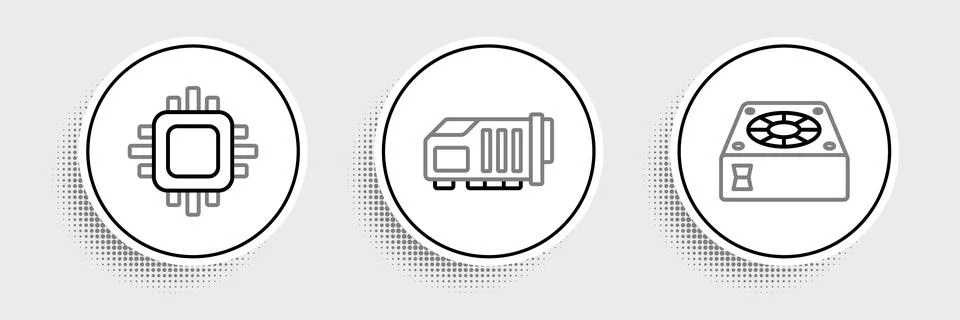 Set line Computer cooler, Processor with CPU and Video graphic card icon. Vector Stockillustratie