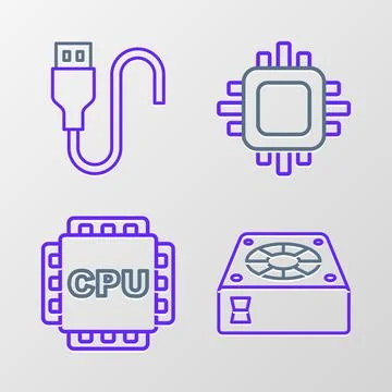 Set line Computer cooler, Processor with CPU, and USB cable cord icon. Vector 스톡 일러스트