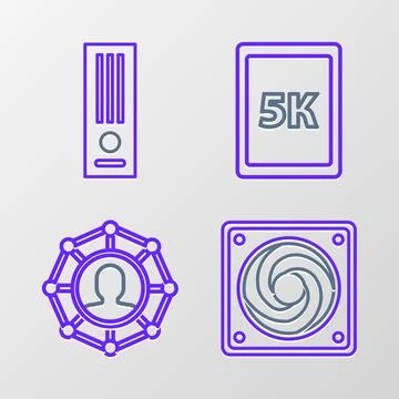 Set line Computer cooler, Project team base, Tablet with text 5k and Video game Stock Illustration