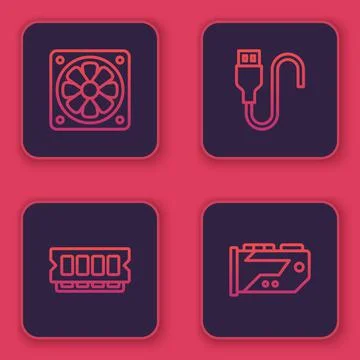 Set line Computer cooler, RAM, random access memory, USB cable cord and Video Illustrazione stock