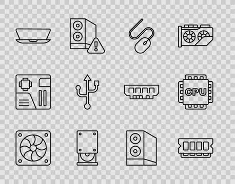 Set line Computer cooler, RAM, random access memory, mouse, Optical disc driv Illustrazione stock