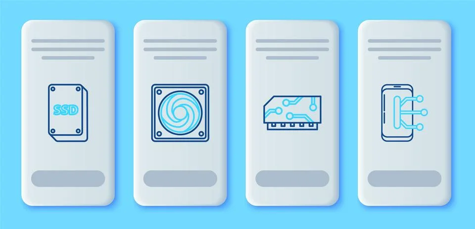 Set line Computer cooler, RAM, random access memory, SSD card and Smartphon.. Illustrazione stock