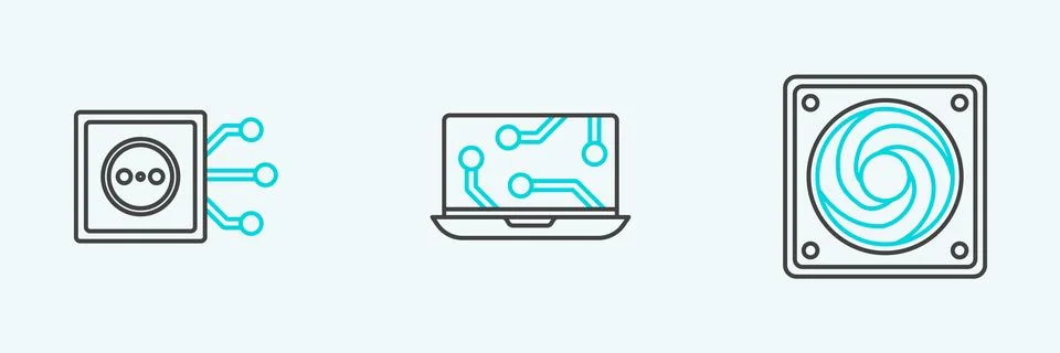 Set line Computer cooler, Remote control and Laptop icon. Vector Stock Illustration