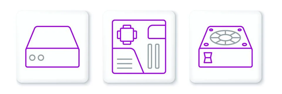 Set line Computer cooler, Server, Data, Web Hosting and Motherboard digital chip Illustrazione stock