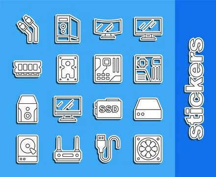 Set line Computer cooler, Server, Data, Web Hosting, Motherboard digital chip 스톡 일러스트