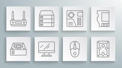 Set line Computer cooler, Server, Data, Web Hosting, monitor screen, mouse,.. Stock Illustration