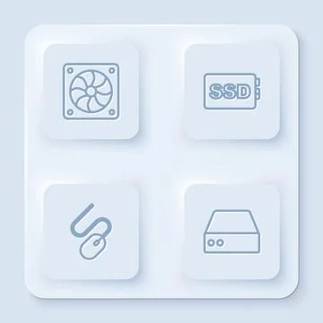 Set line Computer cooler, SSD card, mouse and Server, Data, Web Hosting. White Illustrazione stock