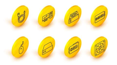 Set line Computer cooler, SSD card, Server, Data, Web Hosting, mouse, SSHD Stock-Illustration