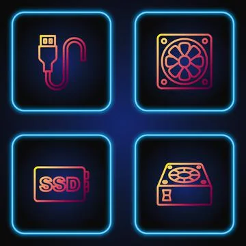 Set line Computer cooler, SSD card, USB cable cord and . Gradient color icons Illustrazione stock