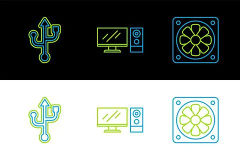 Set line Computer cooler, USB and monitor icon. Vector 스톡 일러스트