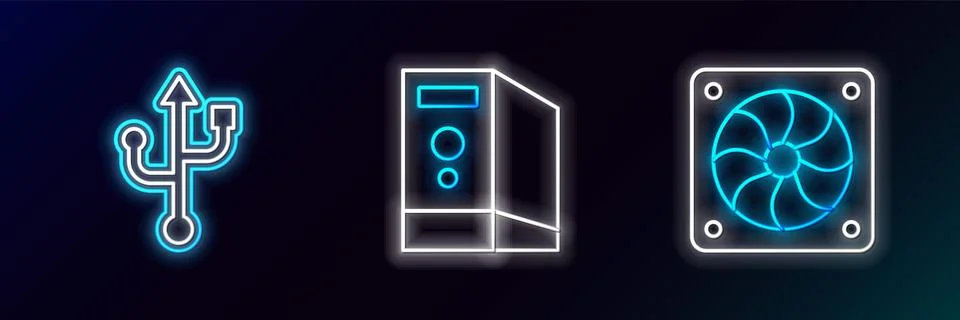 Set line Computer cooler, USB and Case of computer icon. Glowing neon. Vector Stock Illustration