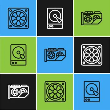 Set line Computer cooler, Video graphic card and Hard disk drive HDD icon Illustrazione stock