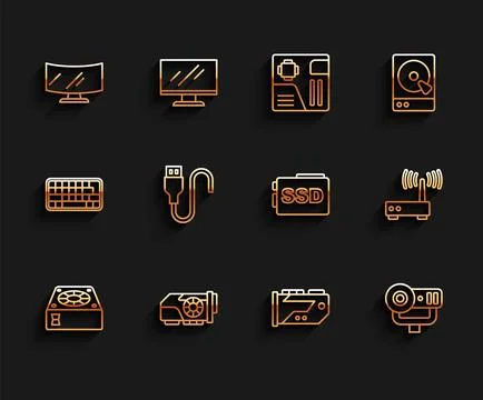 Set line Computer cooler, Video graphic card, monitor screen, Web camera, USB 스톡 일러스트