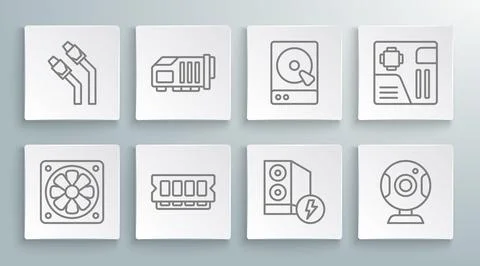 Set line Computer cooler, Video graphic card, RAM, random access memory, Ca.. 스톡 일러스트