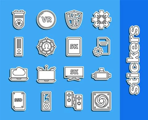 Set line Computer cooler, Virtual reality glasses, File document, Cyber security Ilustración de archivo