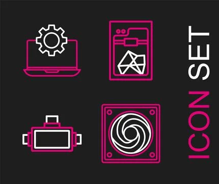 Set line Computer cooler, Virtual reality glasses, 3D printer and Laptop an.. Stock Illustration