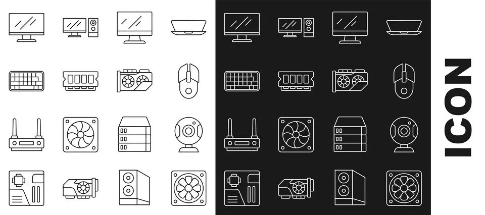 Set line Computer cooler, Web camera, mouse, monitor screen, RAM, random access 스톡 일러스트