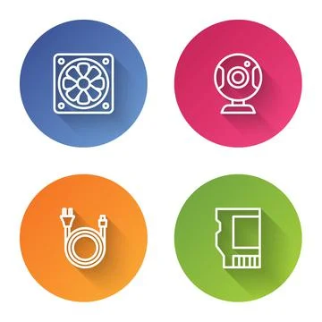 Set line Computer cooler, Web camera, Electric plug and SD card. Color circle Stock Illustration