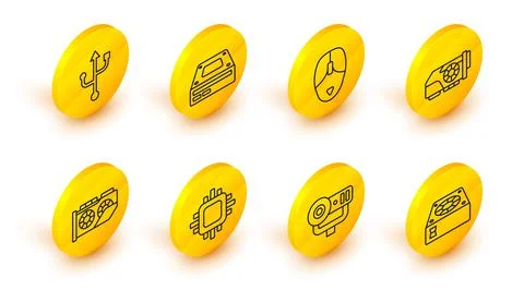 Set line Computer cooler, Web camera, Processor with CPU, Video graphic card 스톡 일러스트