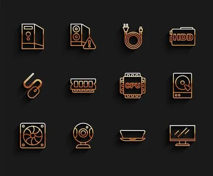 Set line Computer cooler, Web camera, Case of computer, Laptop, monitor screen 스톡 일러스트