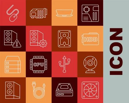 Set line Computer cooler, Web camera, Hard disk drive HDD, Laptop, Case of Stock Illustration