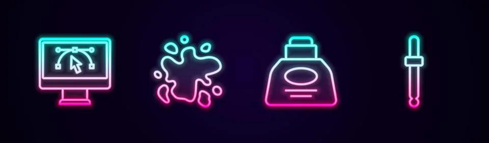 Set line Computer with design program, Paint spray, Inkwell and Eyedropper .. Stock Illustration