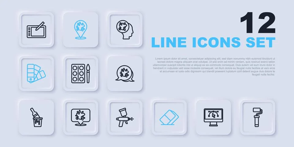 Set line Computer with design program Paint roller brush Watercolor paints bo Stock Illustration