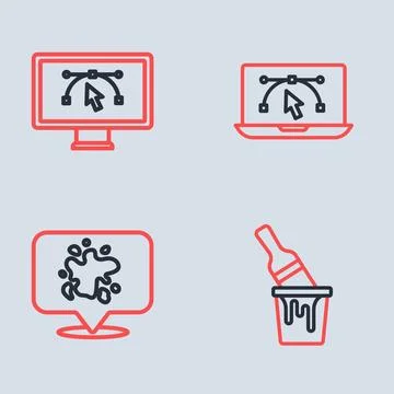 Set line Computer with design program, Paint spray, bucket brush and icon. .. Illustrazione stock