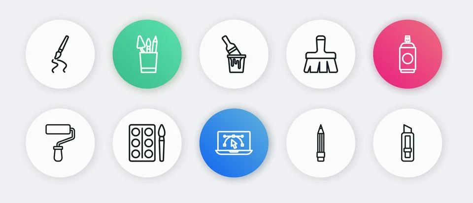 Set line Computer with design program, Paint spray can, roller brush, Penci.. Stock Illustration