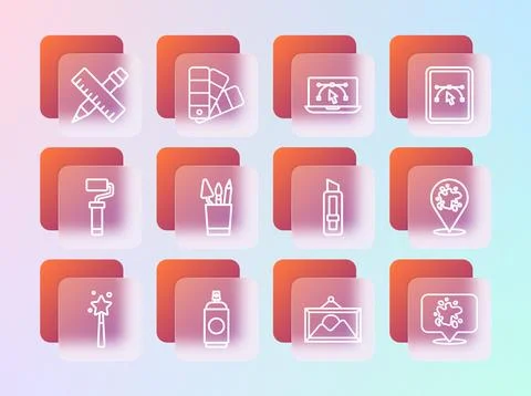 Set line Computer with design program, Paint spray can, Stationery knife, P.. Stock-Illustration