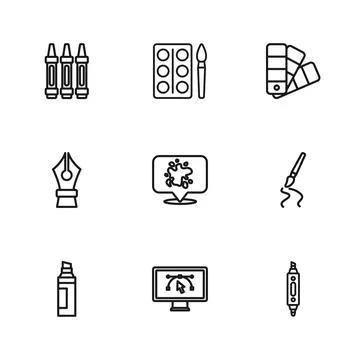 Set line Computer with design program Paint brush Marker pen spray Color pale Stock Illustration