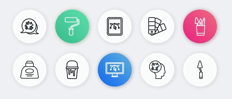 Set line Computer with design program Pencil case stationery Inkwell Paint sp Stock-Illustration