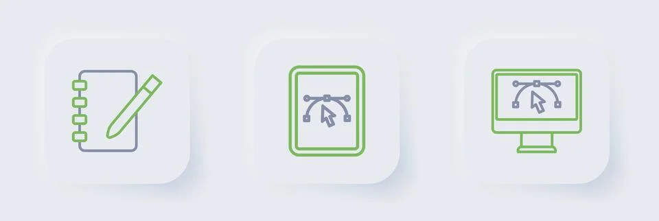 Set line Computer with design program, and Notebook icon. Vector Stock Illustration