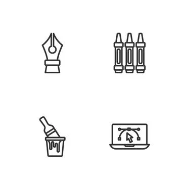 Set line Computer with design program Paint bucket brush Fountain pen nib and Stock Illustration