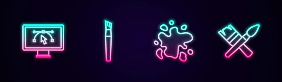 Set line Computer with design program, Paint brush, spray and . Glowing neo.. Illustrazione stock