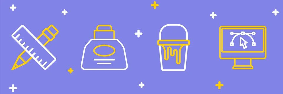 Set line Computer with design program, Paint bucket, Inkwell and Crossed ru.. Illustrazione stock