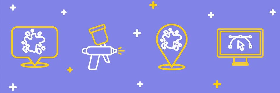 Set line Computer with design program, Paint spray, gun and  icon. Vector Stock Illustration