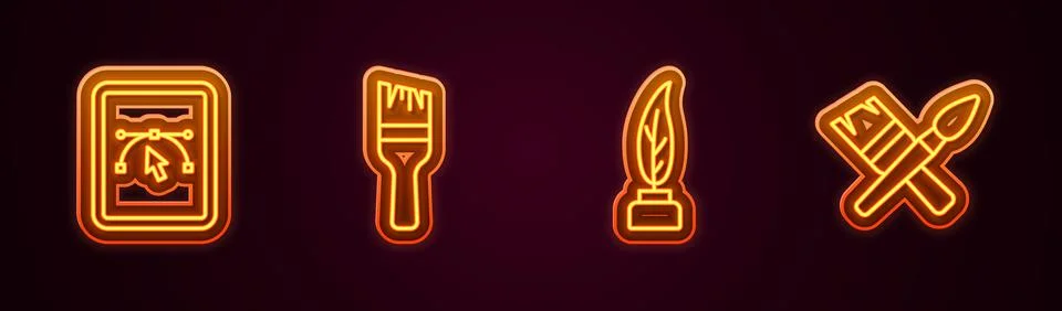 Set line Computer with design program, Paint brush, Feather and inkwell and.. 스톡 일러스트