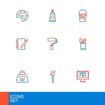 Set line Computer with design program, Magic wand, Inkwell, Pencil case sta.. Stock-Illustration