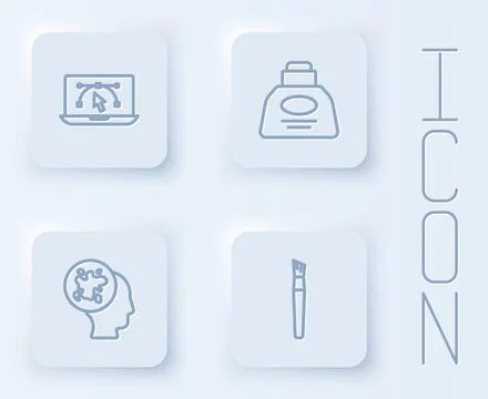 Set line Computer with design program, Inkwell, Paint spray and brush. Whit.. Stockillustratie