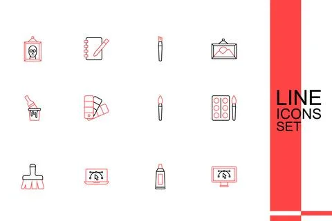 Set line Computer with design program, Tube paint palette, Paint brush, Wat.. イラスト素材