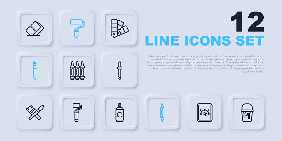 Set line Computer with design program, Paint bucket, Wax crayons for drawin.. Stock Illustration