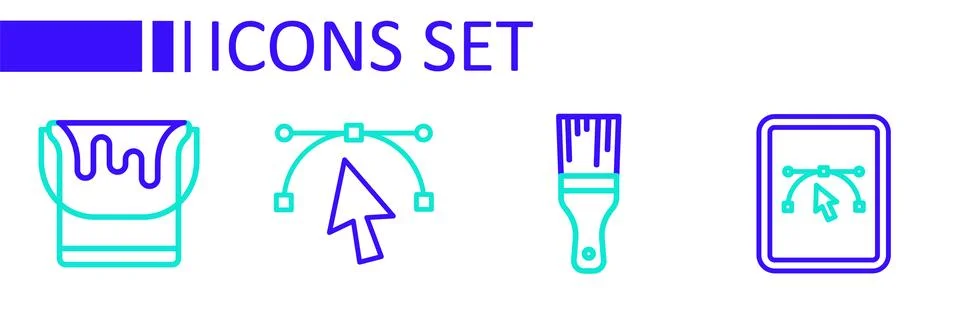 Set line Computer with design program Paint brush Bezier curve and bucket ico Illustrazione stock