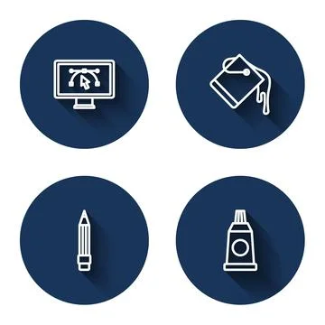 Set line Computer with design program Paint bucket Pencil eraser and Tube pai Stock Illustration