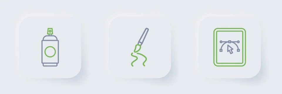 Set line Computer with design program, Paint brush and spray can icon. Vector Stock Illustration