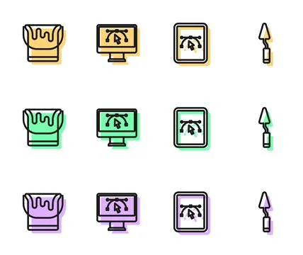 Set line Computer with design program, Paint bucket,  and Palette knife ico.. Illustration