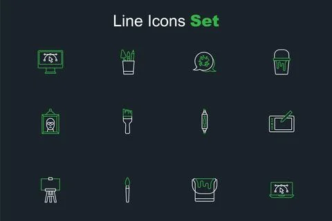 Set line Computer with design program, Paint bucket, brush, Wood easel, Gra.. Stock-Illustration