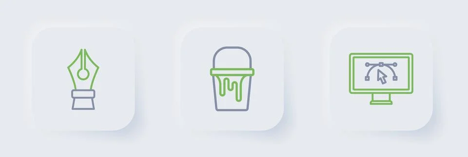 Set line Computer with design program, Paint bucket and Fountain pen nib ic.. Stock Illustration