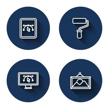 Set line Computer with design program, Paint roller brush,  and Picture lan.. Illustration