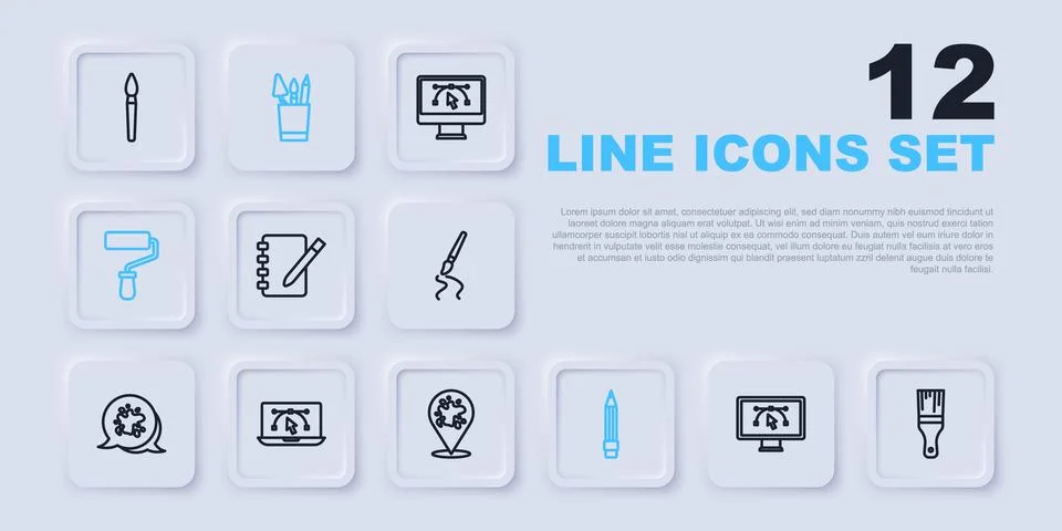 Set line Computer with design program, Paint brush, Notebook, Pencil eraser.. Stock-Illustration